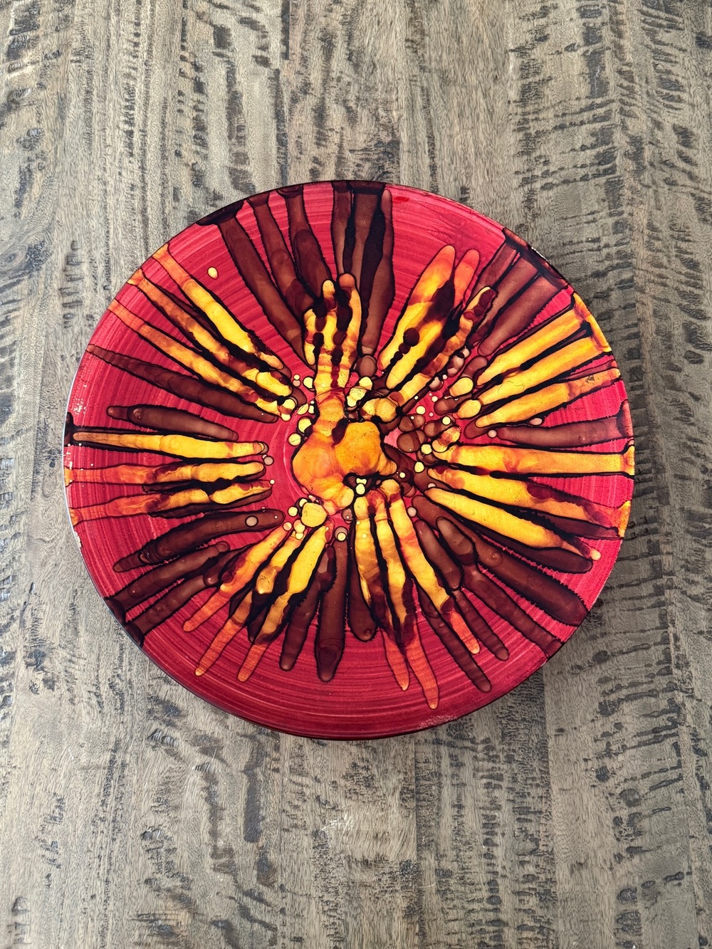 Vibrant Artisan Red & Orange Art Glass Decorative Bowl - Flame Sunburst Pattern